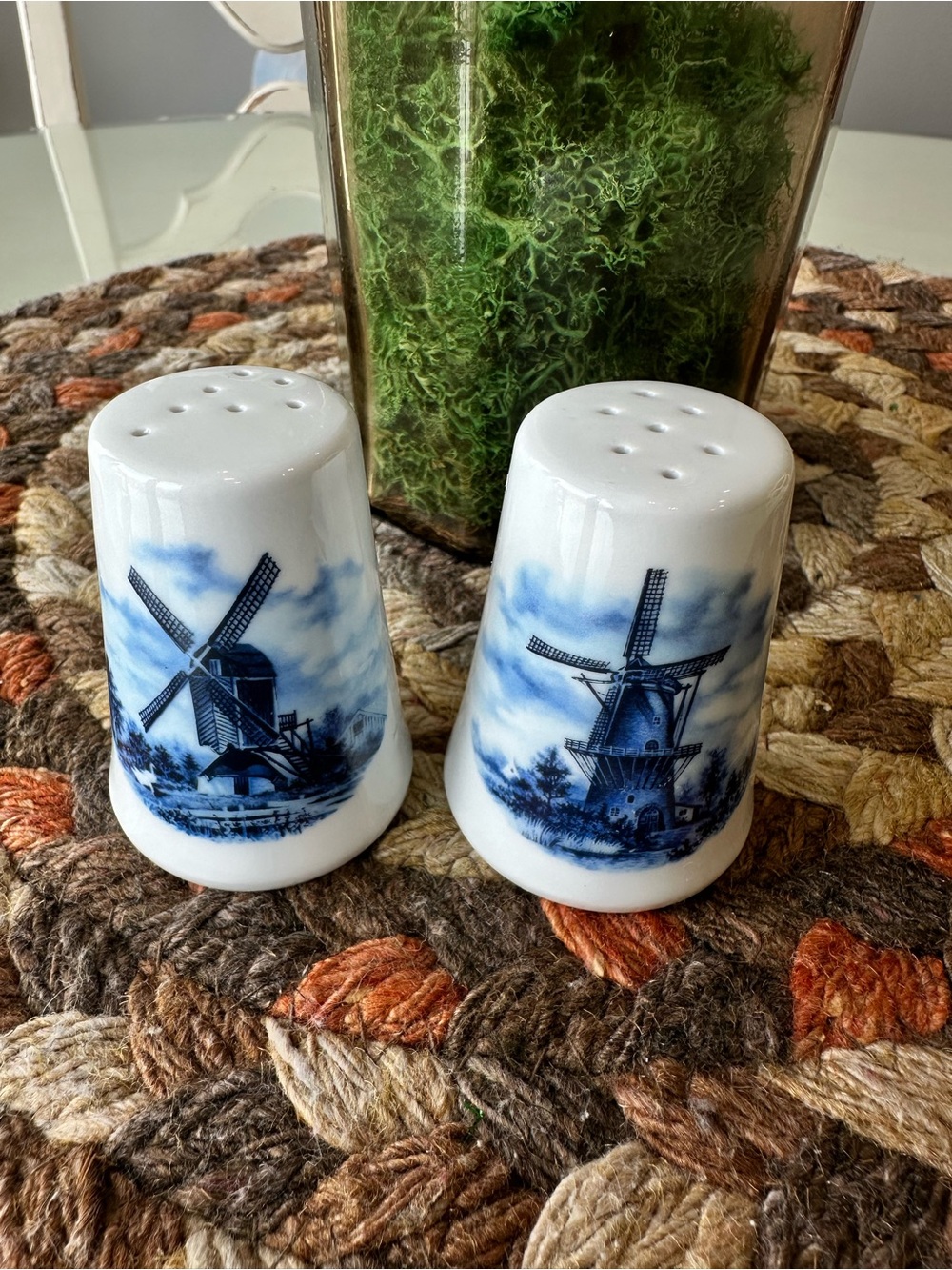 Vintage Blue Delft Windmill Porcelain Salt and Pepper Shakers